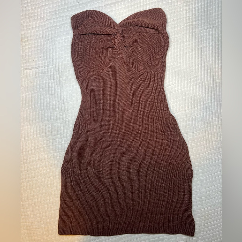 Brown Strapless Knit Tube Maxi Dress for Women with Back Slit size M